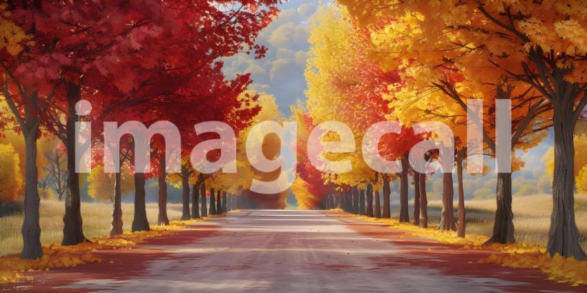 Big tree with colorful leaves on the roadside background - Ai Generated