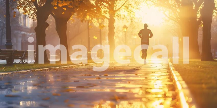 Young Man running in the park at sunrise fitness background - Ai Generated