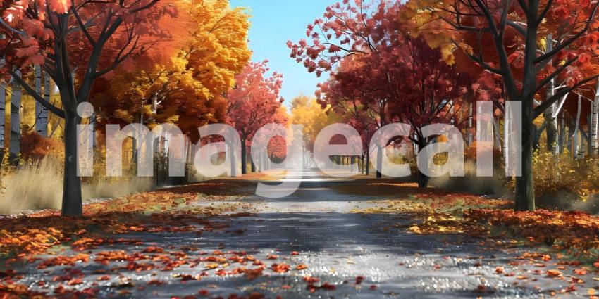 Big tree with colorful leaves on the roadside background - Ai Generated