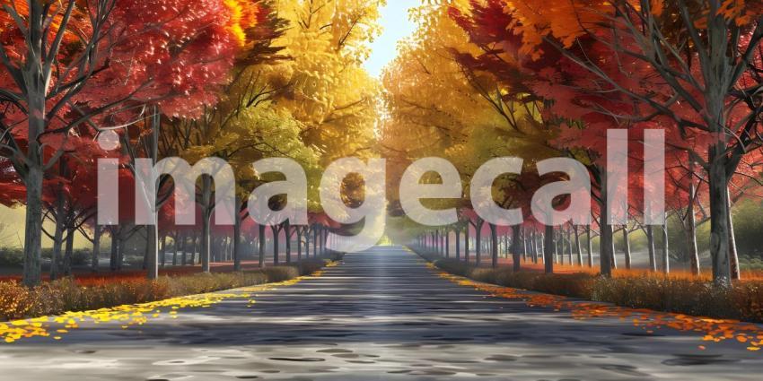 Big tree with colorful leaves on the roadside background - Ai Generated