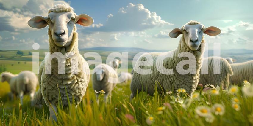 Sheep in a farm landscape background - Ai Generated