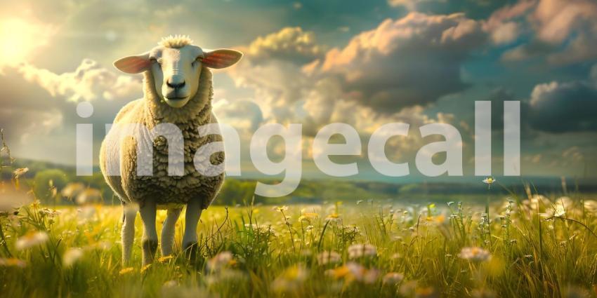 Sheep in a farm landscape background - Ai Generated