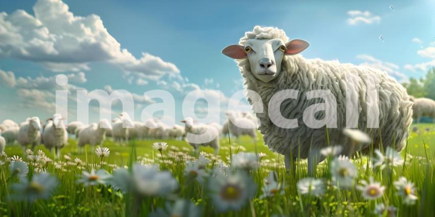 Sheep in a farm landscape background - Ai Generated