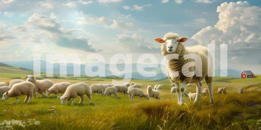 Sheep in a farm landscape background - Ai Generated
