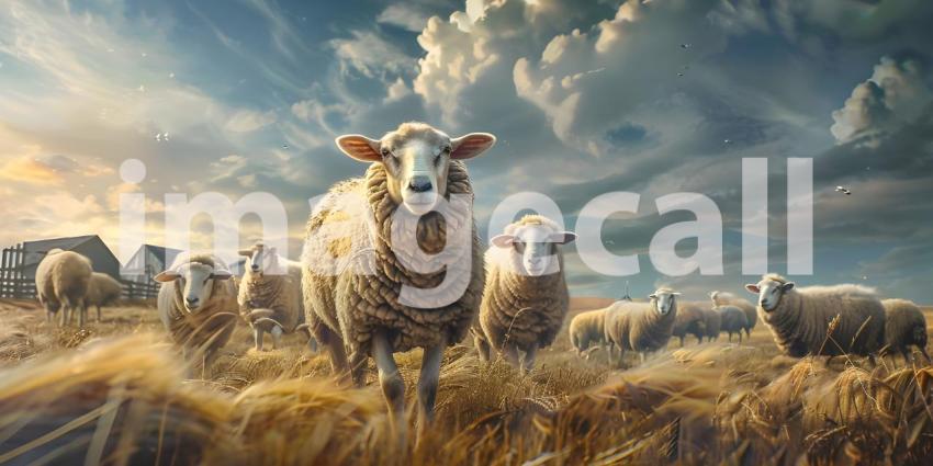 Sheep in a farm landscape background - Ai Generated