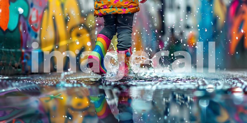 Child in Colorful Rain Boots Splashes Water on street background - Ai Generated