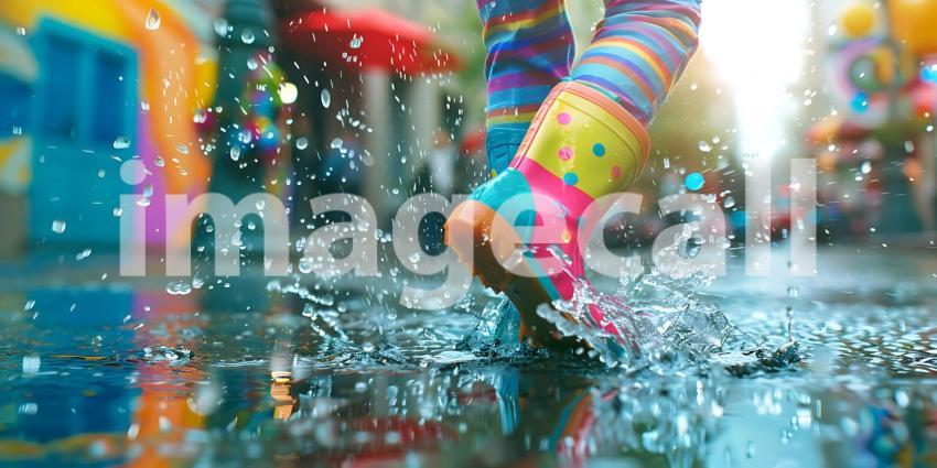 Child in Colorful Rain Boots Splashes Water on street background - Ai Generated