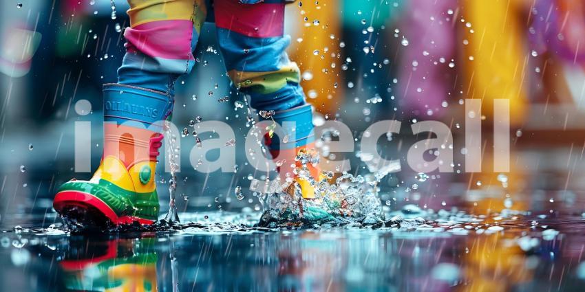 Child in Colorful Rain Boots Splashes Water on street background - Ai Generated