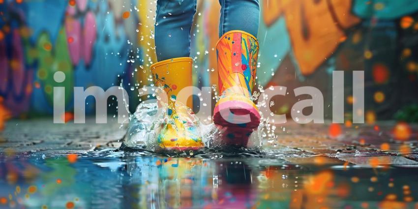 Child in Colorful Rain Boots Splashes Water on street background - Ai Generated
