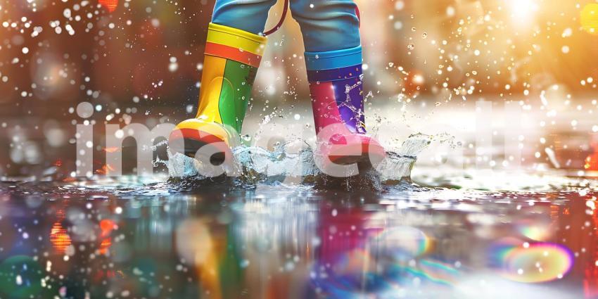 Child in Colorful Rain Boots Splashes Water on street background - Ai Generated