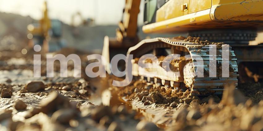 Closeup Excavator working by digging soil at construction site background - Ai Generated