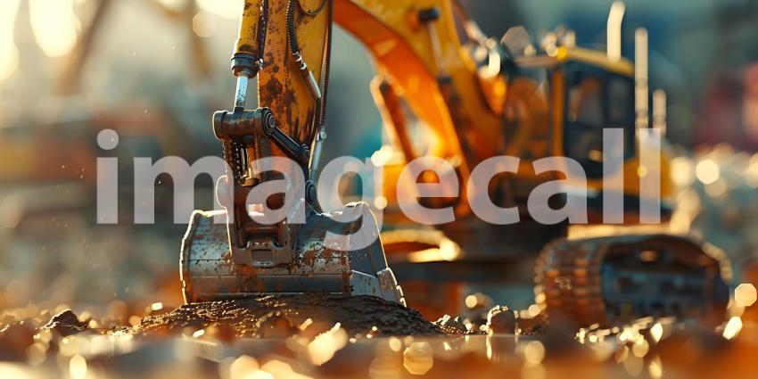 Closeup Excavator working by digging soil at construction site background - Ai Generated