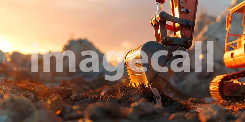 Closeup Excavator working by digging soil at construction site background - Ai Generated
