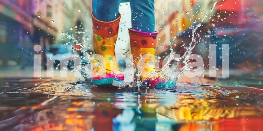 Child in Colorful Rain Boots Splashes Water on street background - Ai Generated