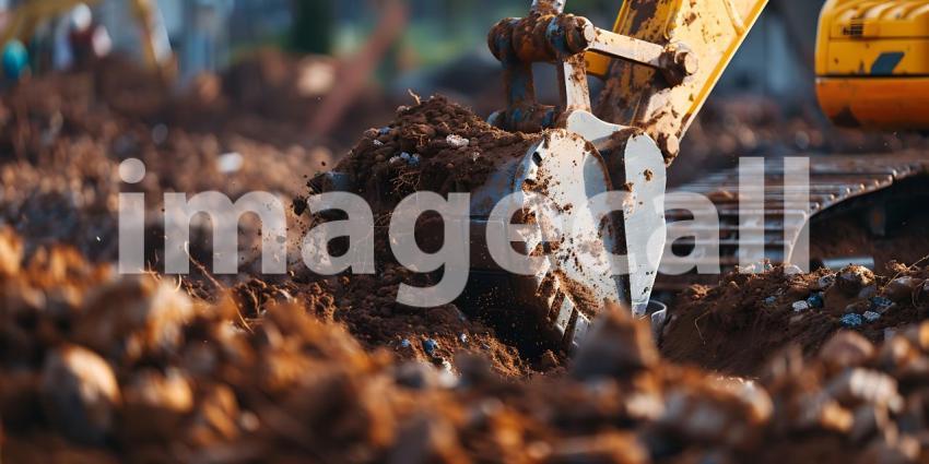 Closeup Excavator working by digging soil at construction site background - Ai Generated