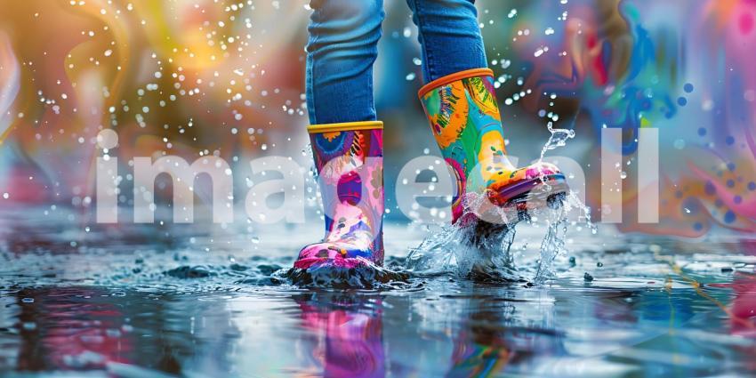 Child in Colorful Rain Boots Splashes Water on street background - Ai Generated
