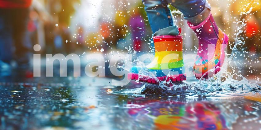 Child in Colorful Rain Boots Splashes Water on street background - Ai Generated