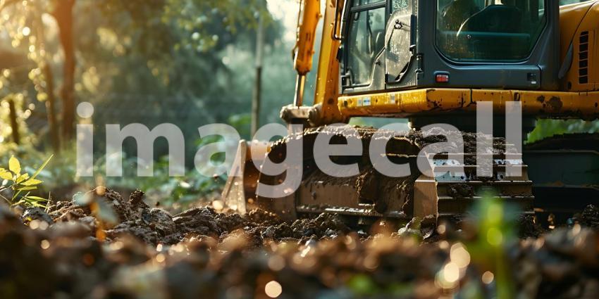 Closeup Excavator working by digging soil at construction site background - Ai Generated