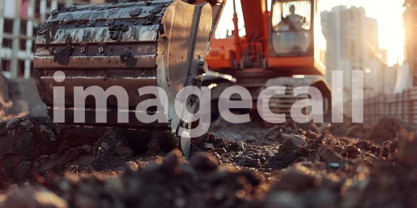 Closeup Excavator working by digging soil at construction site background - Ai Generated