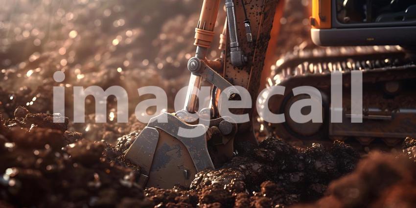 Closeup Excavator working by digging soil at construction site background - Ai Generated