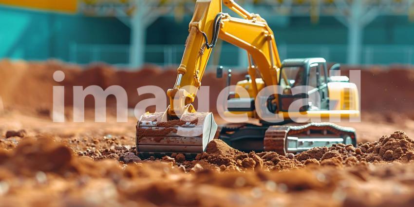 Closeup Excavator working by digging soil at construction site background - Ai Generated