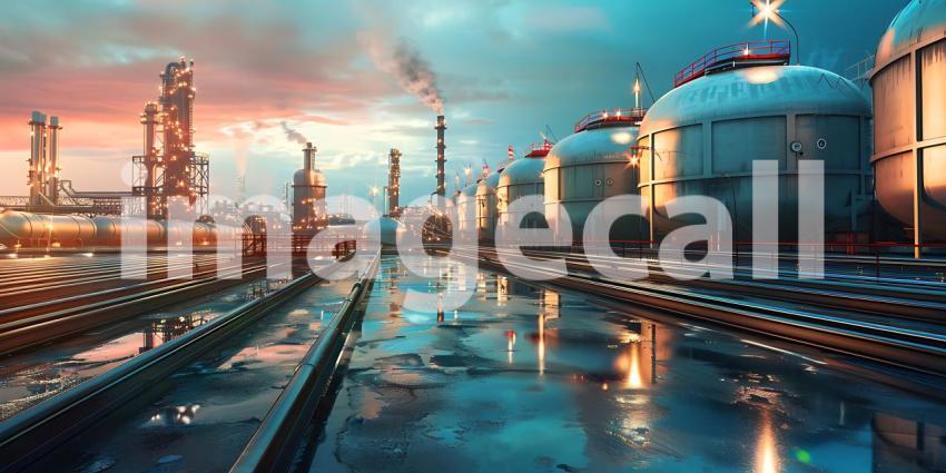 Large storage tanks in Factory background - Ai Generated