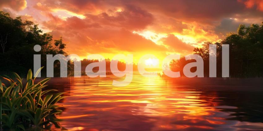Sunset reflected in a river background - Ai Generated