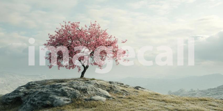 Stunning Pink Tree on Hilltop Nature Photography Background