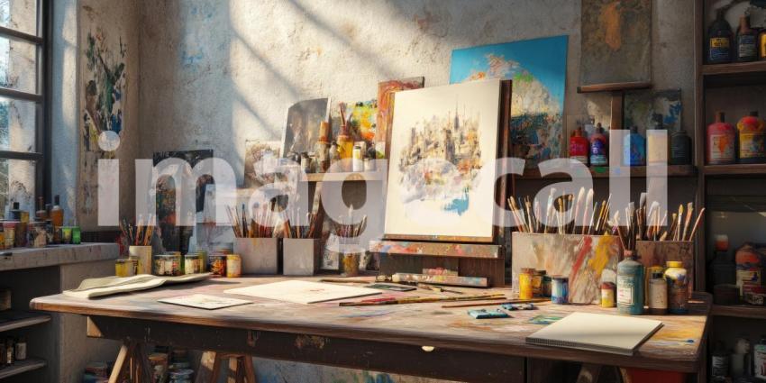 Sunlit Artists Studio with Vibrant Colors and Supplies