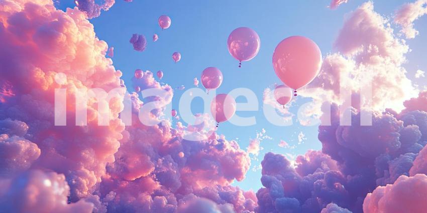 Pink and Purple Hot Air Balloons Soaring Through Dreamy Clouds