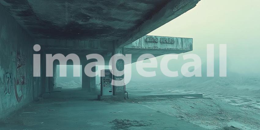 Submerged Gas Station Eerie PostApocalyptic Scene