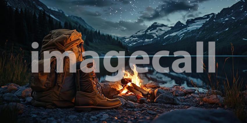 Woman by Campfire at Night Stunning Lake and Mountain View