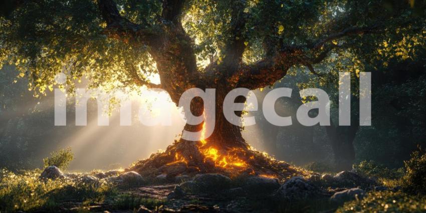 Majestic Ancient Tree Golden Hour Sunlight  Mystical Forest