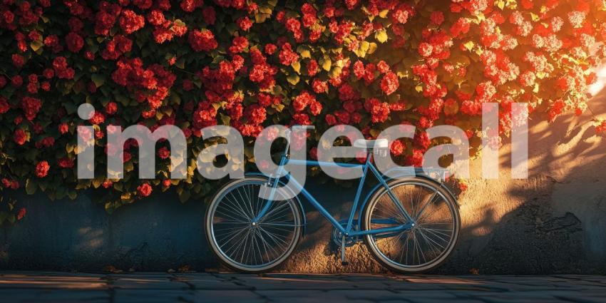 Blue Bicycle Parked by Blooming Flowers