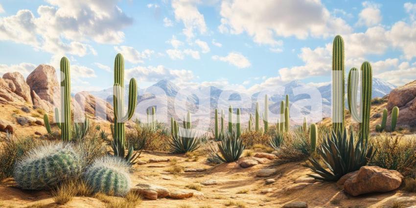 Stunning Desert Landscape Cacti Mountains and Blue Sky