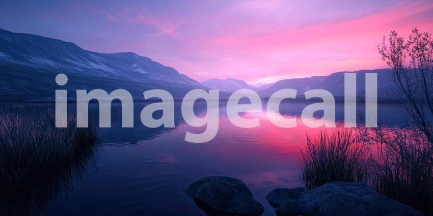 Serene Pink and Purple Lake Sunset Landscape