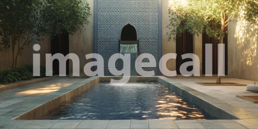 Serene Courtyard with Intricate Tilework Fountain