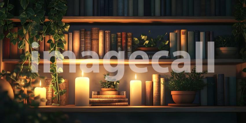 Cozy Bookshelf Candles Night Reading Atmosphere Image