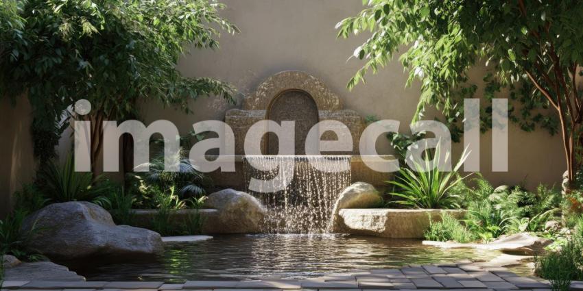 Serene Courtyard Fountain Peaceful Garden Water Feature Image