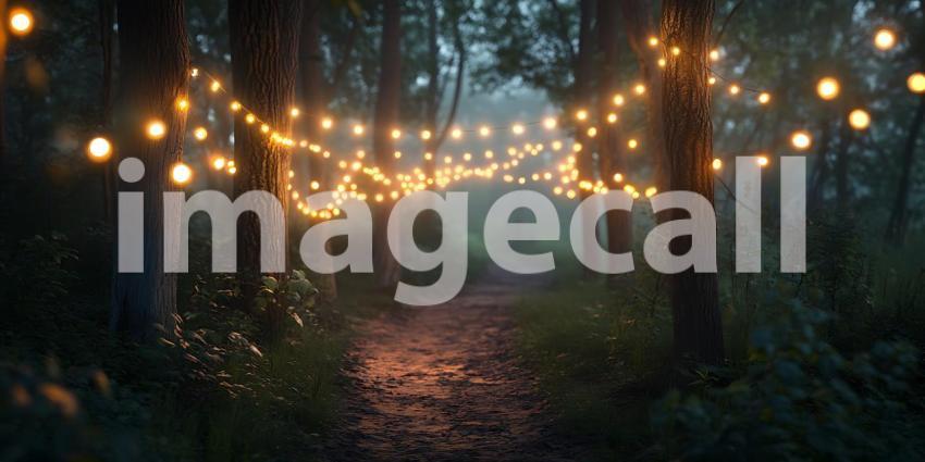 Enchanted Forest Path Magical String Lights Background