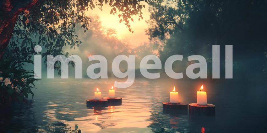 Serene Sunset River Scene Candles Mist and Tranquil Nature