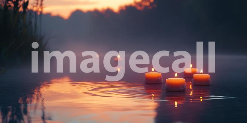 Floating Candles Sunset Lake Serene Water Reflection Background