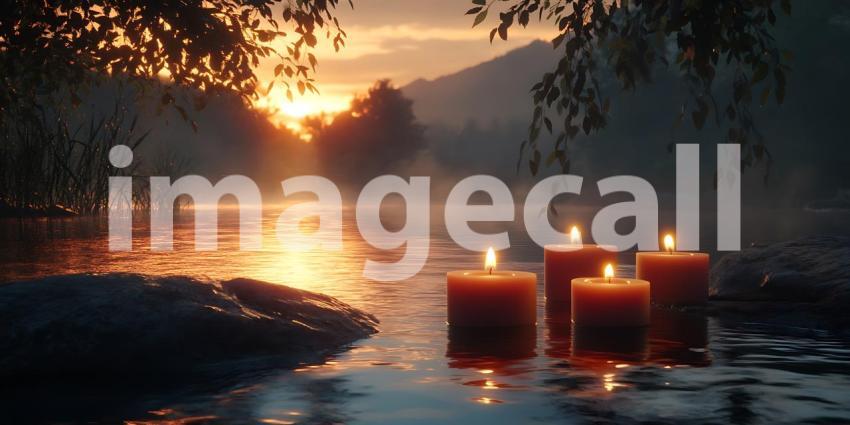 Sunset River Scene with Candles