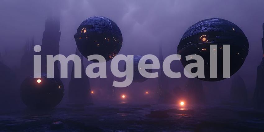 Mysterious Dark Spheres in Foggy Alien Landscape