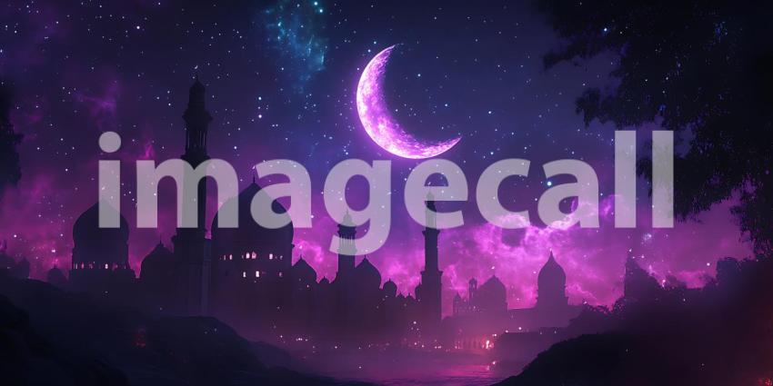 Purple Night Sky Cityscape Crescent Moon and Starry Background
