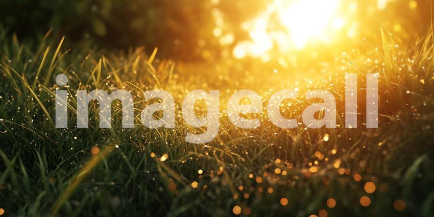Golden Hour Grass Nature Background Image with Dewdrops