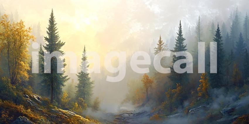 Misty Forest Sunrise A Serene Landscape Painting