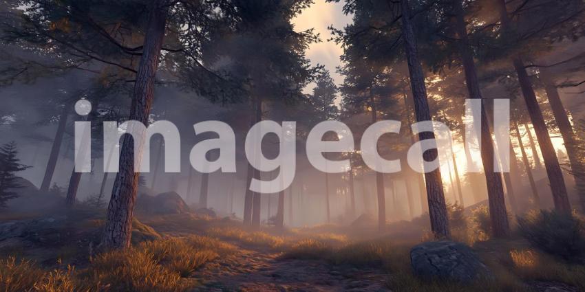 Misty Forest Sunrise Magical Woodland Scene