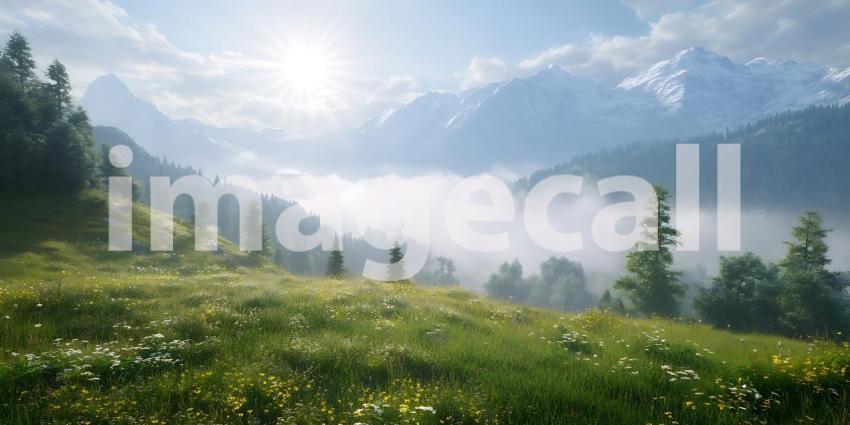 Misty Mountain Meadow Serene Nature Landscape