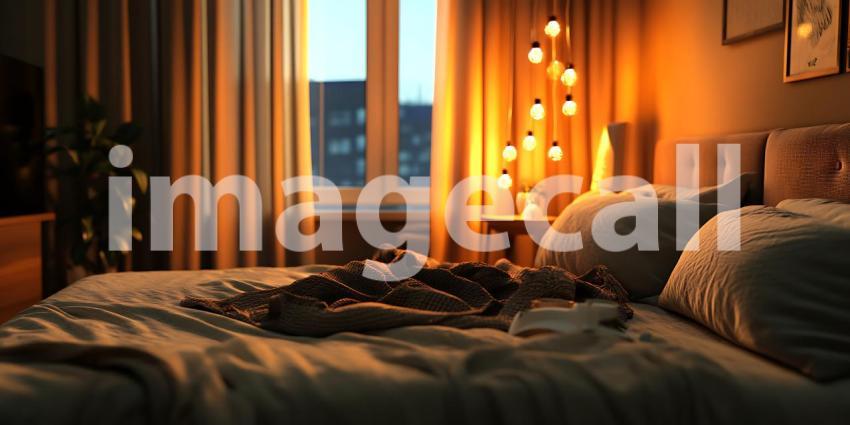 Cozy Bedroom at Sunset Warm Lighting and Soft Bedding